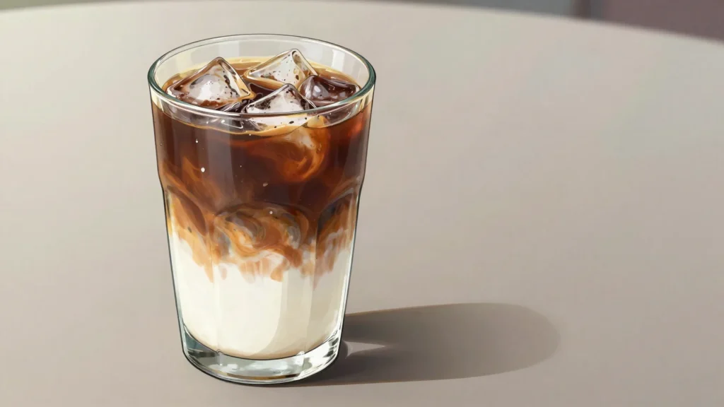 Kafe Tuk Doh Ko, dark filtered coffee poured over condensed milk and a glass of ice, Cambodia drink, anime style