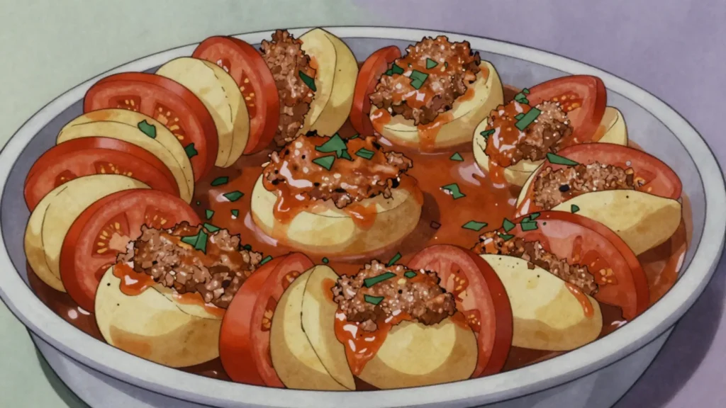Kafta, minced lamb with parsley and onion, grilled or baked with potatoes, Lebanon main, anime style