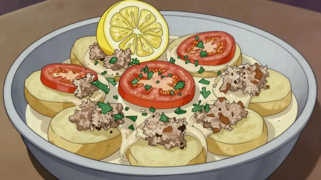 Kafta bil tahini, minced lamb and sliced potato baked under a lemony tahini sauce, Jordan main, anime style