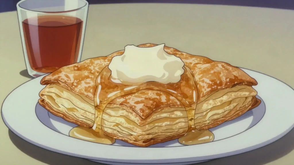 Kahi, crisp layered pastry drenched in syrup, topped with geymar, Iraq breakfast, anime style