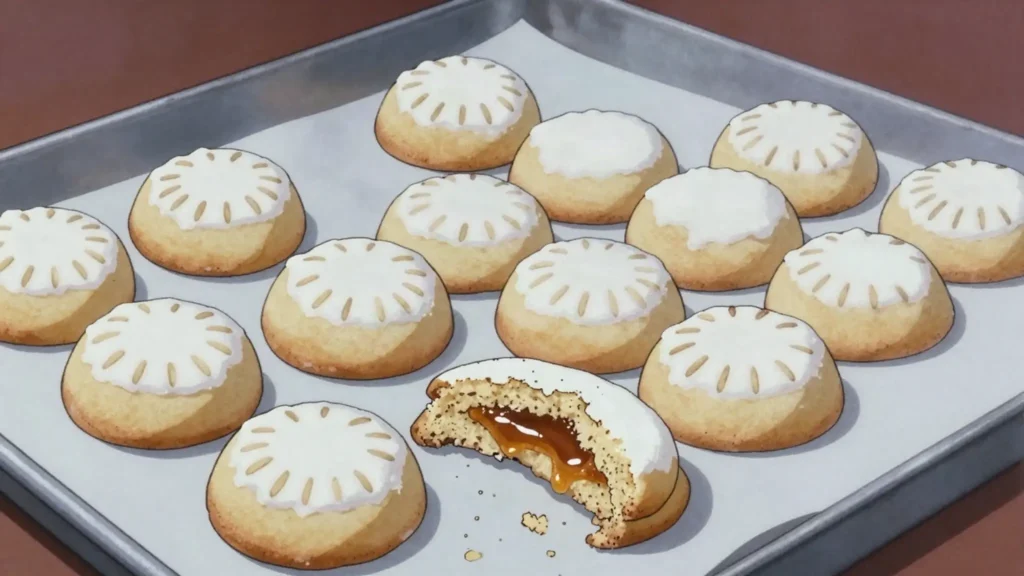 Kahk, crumbly sugar-dusted biscuits filled with nut paste, baked for Eid al-Fitr, Egypt dessert, anime style