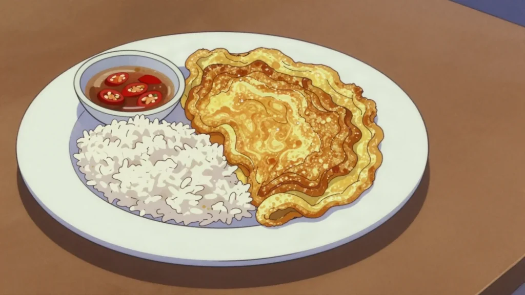 Kai Jeow, puffed deep-fried Thai omelette poured over rice with chilli sauce, Thailand breakfast, anime style