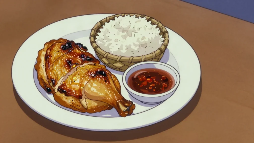 Kai Yang, isan grilled chicken with sticky rice and jaew dipping sauce, Thailand street food, anime style