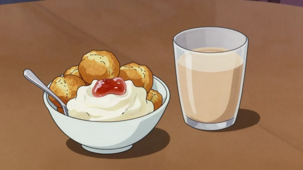 Kaimak, thick clotted cream skimmed from scalded milk, eaten with bread and tea, Kazakhstan cheese & dairy, anime style
