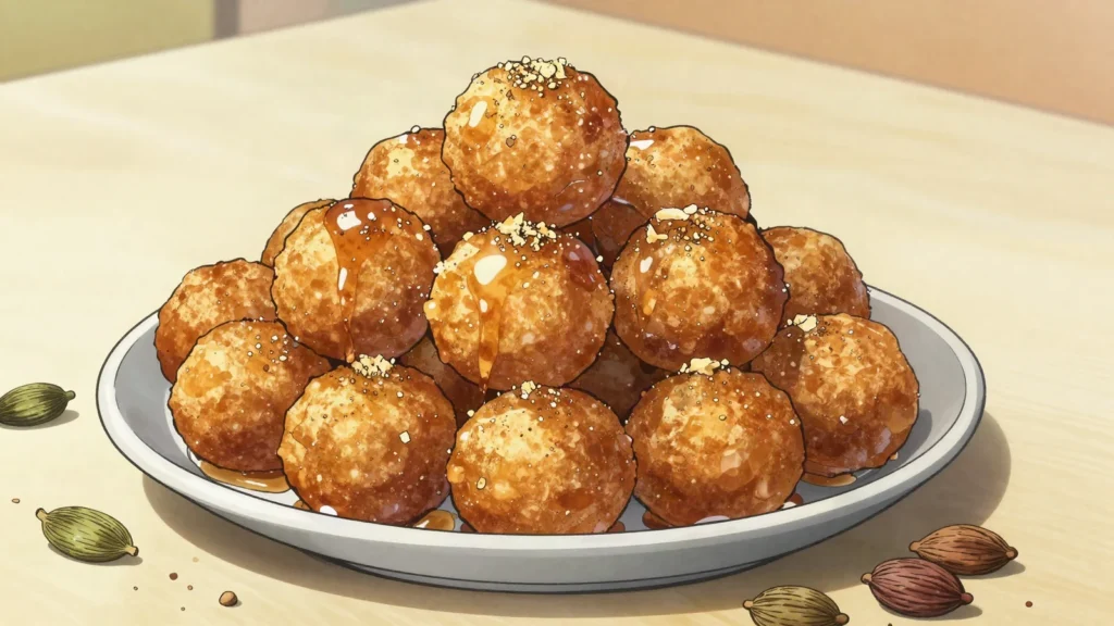Kaimati, crisp fried dough balls rolled in cardamom sugar syrup, Tanzania dessert, anime style