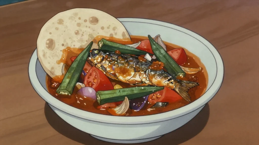Kajaik, dried fish stew with okra, eaten with kisra or asida, South Sudan soup & stew, anime style