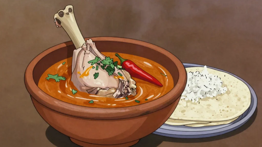 Kak'ik, q'eqchi' Maya turkey soup with achiote and spices, Guatemala soup & stew, anime style