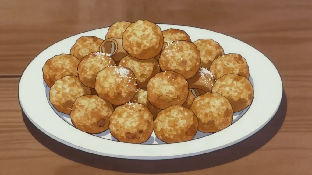 Kaka pizon, small knobbly fritters of fried sweetened dough, sold by the bagful, Madagascar street food, anime style