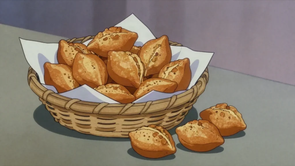 Kala, sweet fried dough puffs sold in the mornings, Liberia street food, anime style