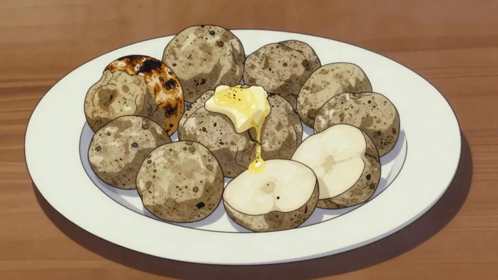 Kalahari truffles, desert truffles unearthed after rains, boiled or grilled, Namibia salad & side, anime style