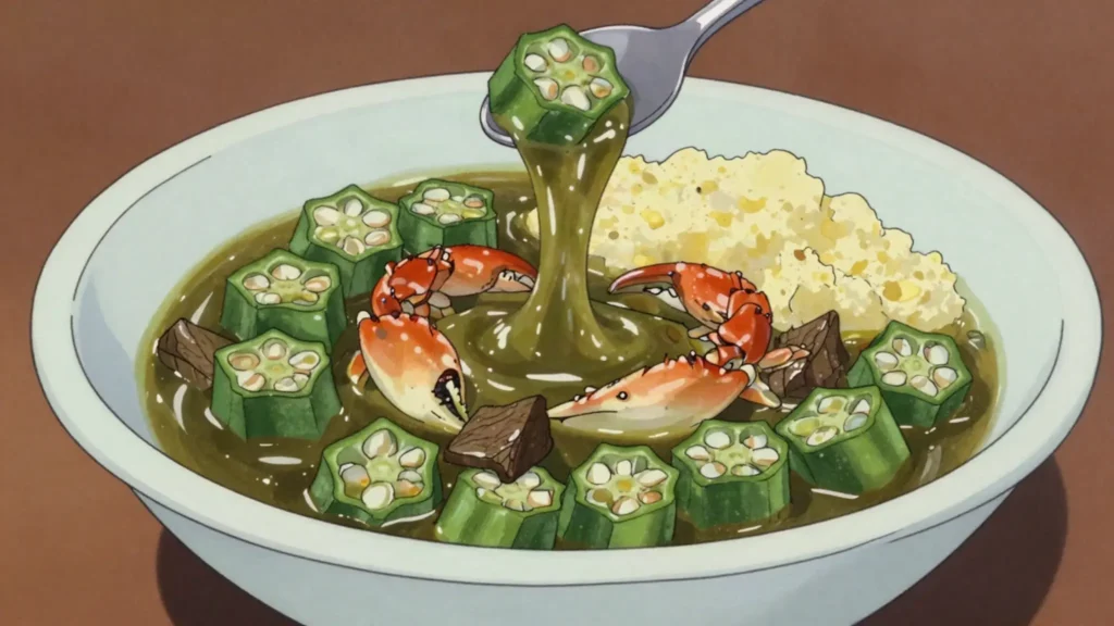 Kalalou, okra stew with crab or beef, ladled over cornmeal, Haiti soup & stew, anime style