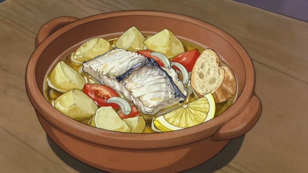 Kaldeirada, fish and potato stew with tomato, onion and olive oil, of Portuguese, Timor-Leste soup & stew, anime style