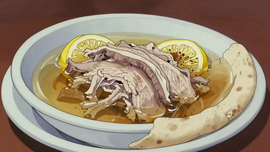 Kaleh Pacha, sheep head and trotters boiled overnight into a rich broth eaten at dawn, Afghanistan soup & stew, anime style