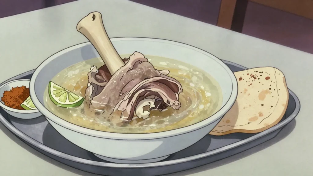 Kaleh pacheh, sheep's head-and-trotter soup traditionally eaten at dawn, Iran soup & stew, anime style