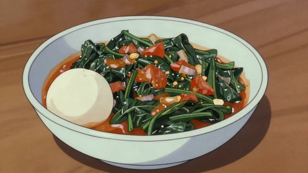 Kalembula, sweet potato leaves stewed with tomato, onion and groundnut, Zambia salad & side, anime style