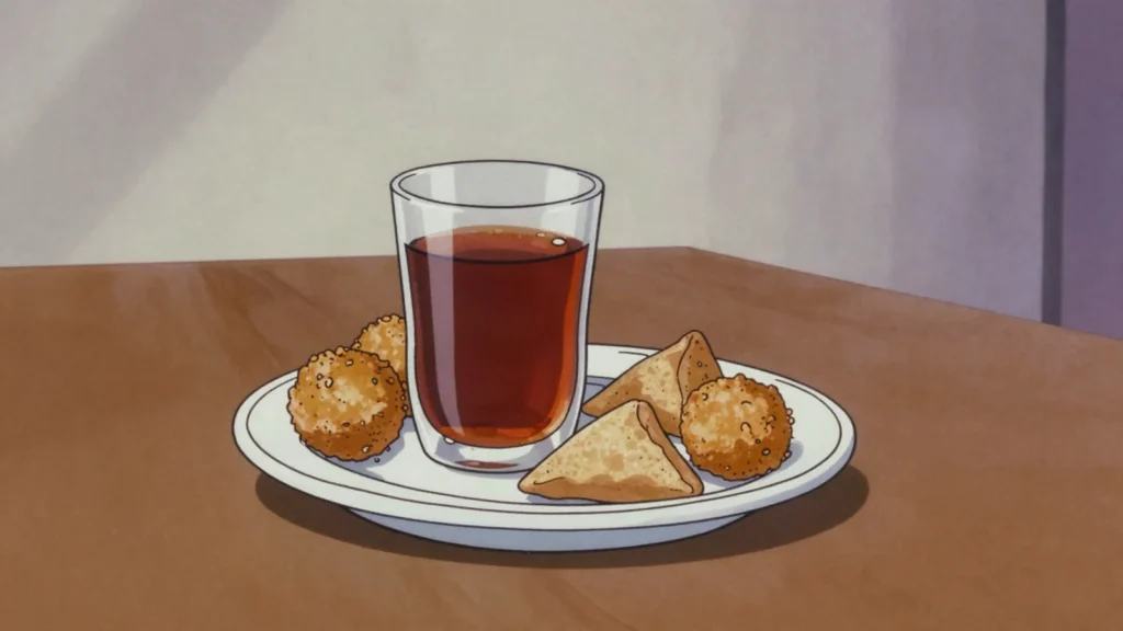 Kalhu Sai, strong black tea taken sweet, drunk with short eats in the afternoon, Maldives drink, anime style