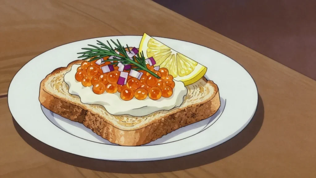 Kalix löjrom, golden vendace roe eaten on toast with sour cream and red onion, Sweden snack, anime style