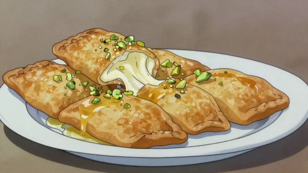 Kallaj, thin pastry sheets fried with cheese and soaked in syrup, eaten in Ramadan, Lebanon bread & pastry, anime style