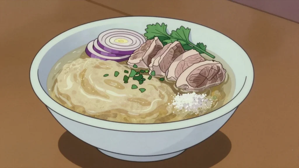 Kallapocha, sheep head and trotters boiled long into a rich gelatinous morning broth, Tajikistan soup & stew, anime style