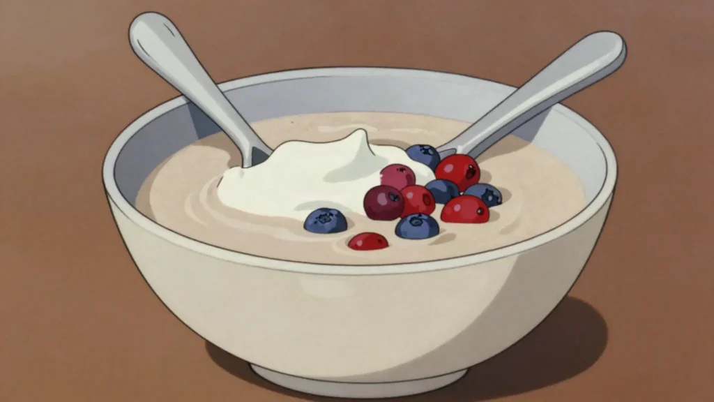Kama, roasted barley-pea-rye flour stirred into kefir, lightly sweetened, Estonia breakfast, anime style