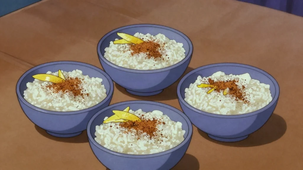 Kamby arro, rice slowly boiled in sweetened milk and served cold, Paraguay dessert, anime style