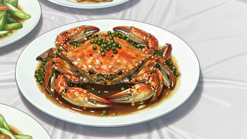 Kampot Pepper Crab, kep specialty: crab wok-tossed with fresh green Kampot peppercorns, Cambodia main, anime style