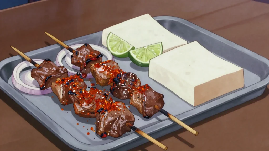 Kamundele, goat or beef skewers grilled with onion and chili, eaten with chikwanga, DR Congo street food, anime style