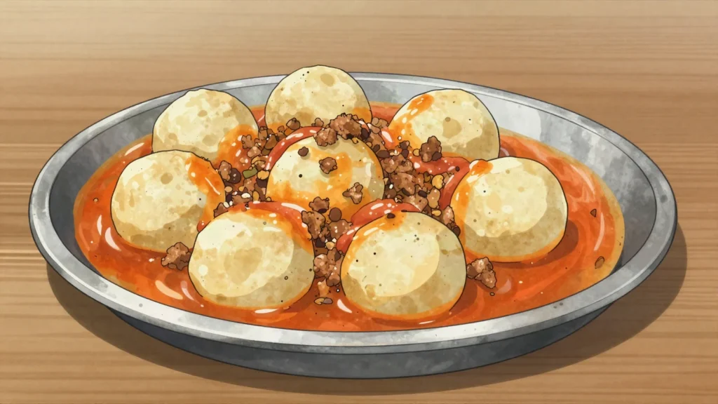 Kanda, steamed squash-seed and minced-meat balls in tomato-palm sauce, Central African Republic main, anime style