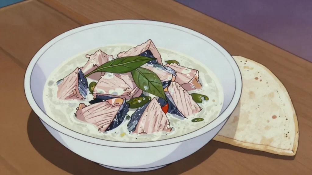 Kandu Kukulhu, tuna simmered in coconut milk with curry leaves, chilli and pandan, Maldives main, anime style