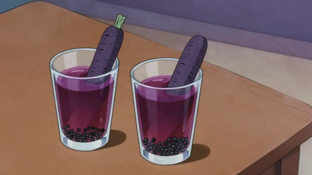 Kanji, black carrot and mustard seed lacto-fermented into a sour purple drink, India fermented & pickled, anime style