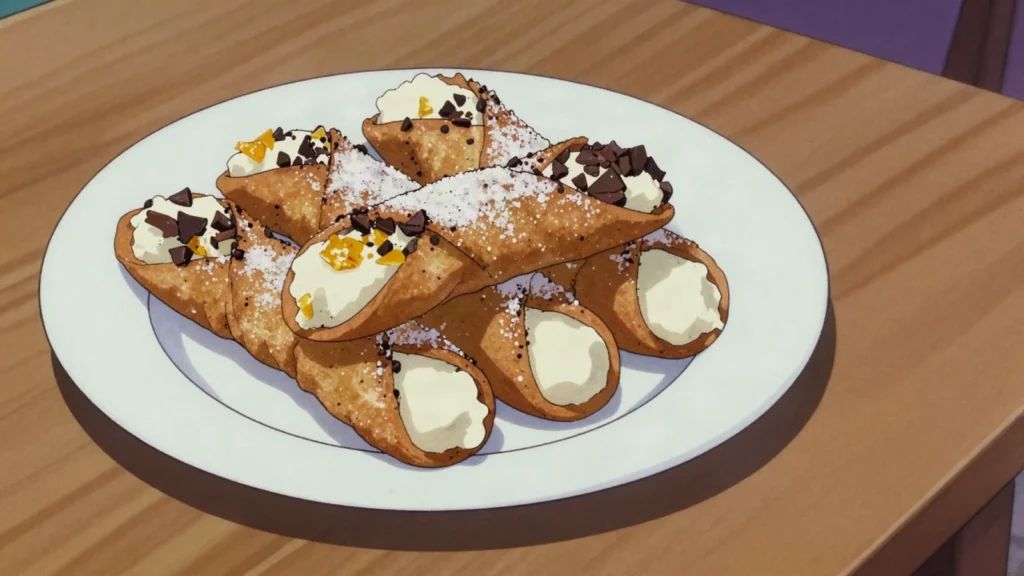 Kannoli tal-irkotta, fried pastry tubes filled with sweetened sheep ricotta and candied peel, Malta dessert, anime style