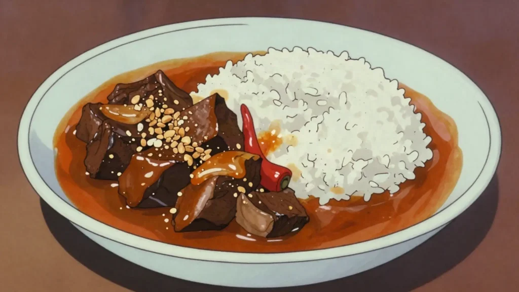 Kansiyé, tangy palm-oil and peanut stew with meat, from Upper Guinea, Guinea soup & stew, anime style