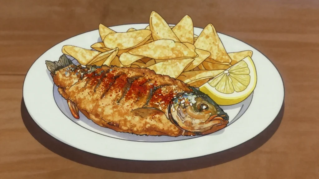 Kanyenya, fish or meat deep-fried in seasoned batter and served with hot chips, Malawi street food, anime style