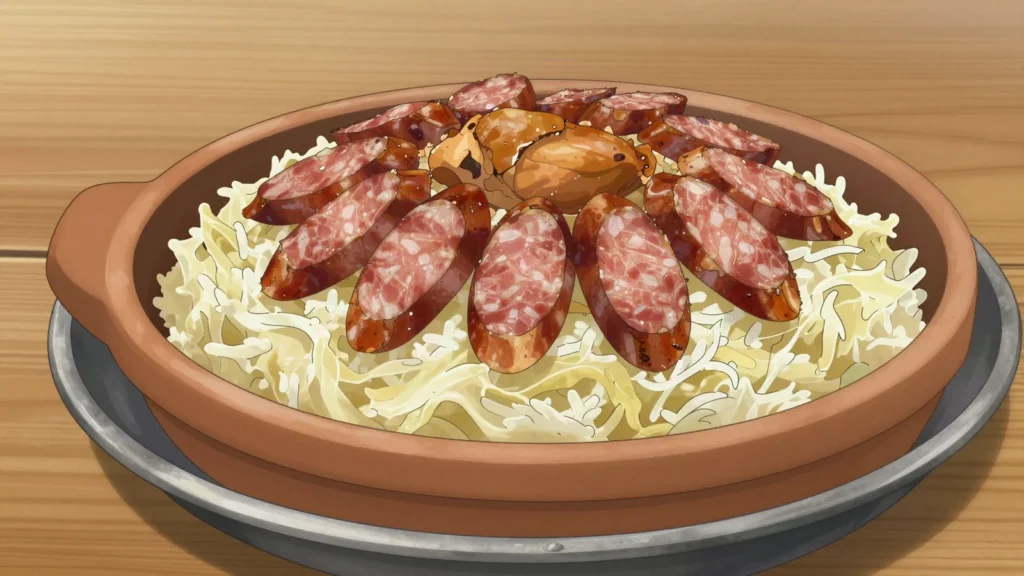 Kapama, layers of meats, sauerkraut and rice sealed in a pot and baked, Bulgaria main, anime style