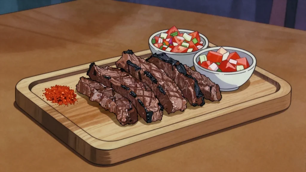 Kapana, flame-grilled beef strips sold sizzling at open markets with chili salt, Namibia street food, anime style
