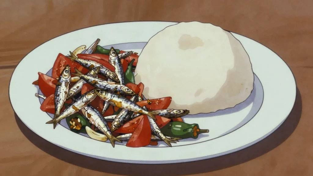Kapenta, small dried Tanganyika sardines fried with tomato and onion, Zambia main, anime style