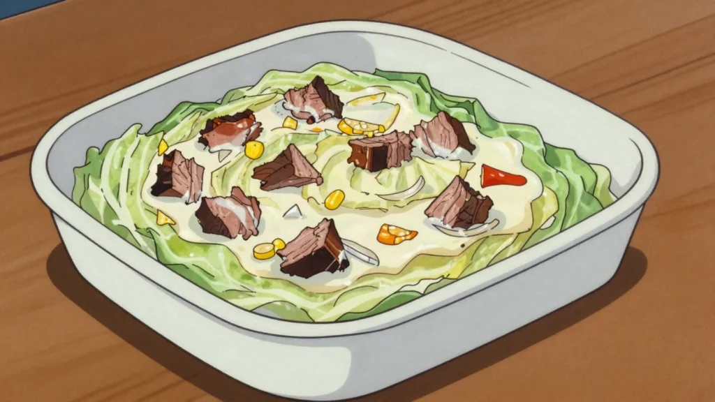 Kapisi Pulu, corned beef and cabbage baked in coconut cream, the everyday umu dish, Tonga main, anime style