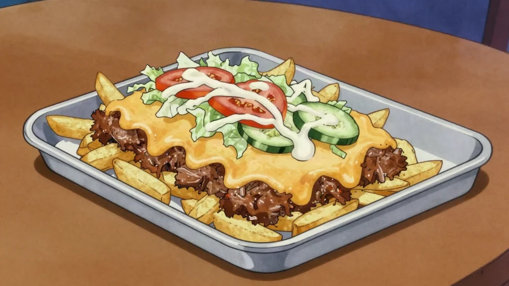 Kapsalon, tray of fries topped with shawarma, melted gouda, salad and garlic sauce, Netherlands street food, anime style