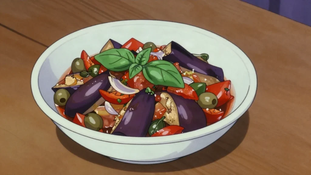 Kapunata, maltese ratatouille of eggplant, tomatoes, capers, Malta salad & side, anime style