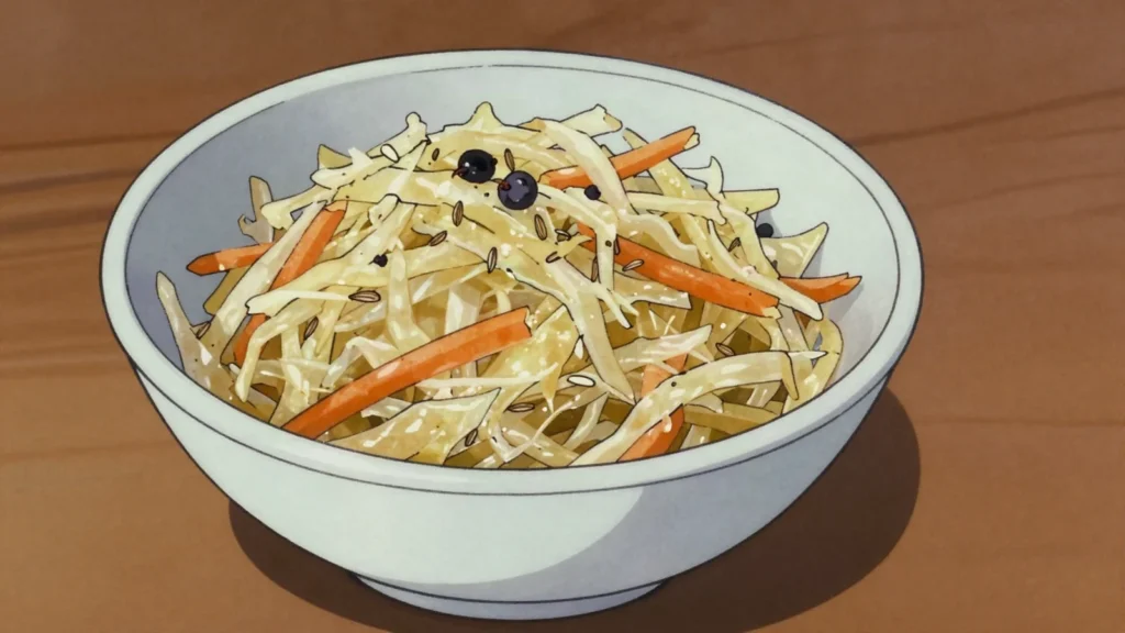Kapusta kiszona, salt-fermented cabbage eaten raw in salads or stewed with meat, Poland fermented & pickled, anime style