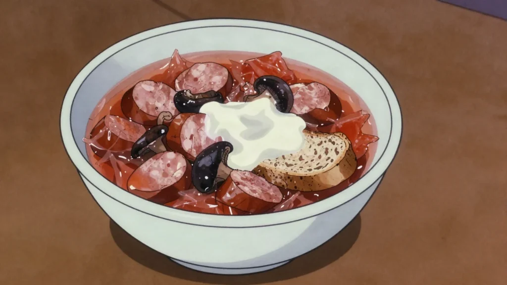 Kapustnica, smoky sauerkraut soup with sausage and dried mushrooms; Christmas, Slovakia soup & stew, anime style