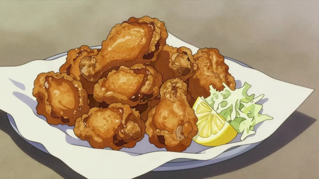 Karaage, marinated chicken pieces dusted in potato starch and fried juicy and craggy, Japan snack, anime style