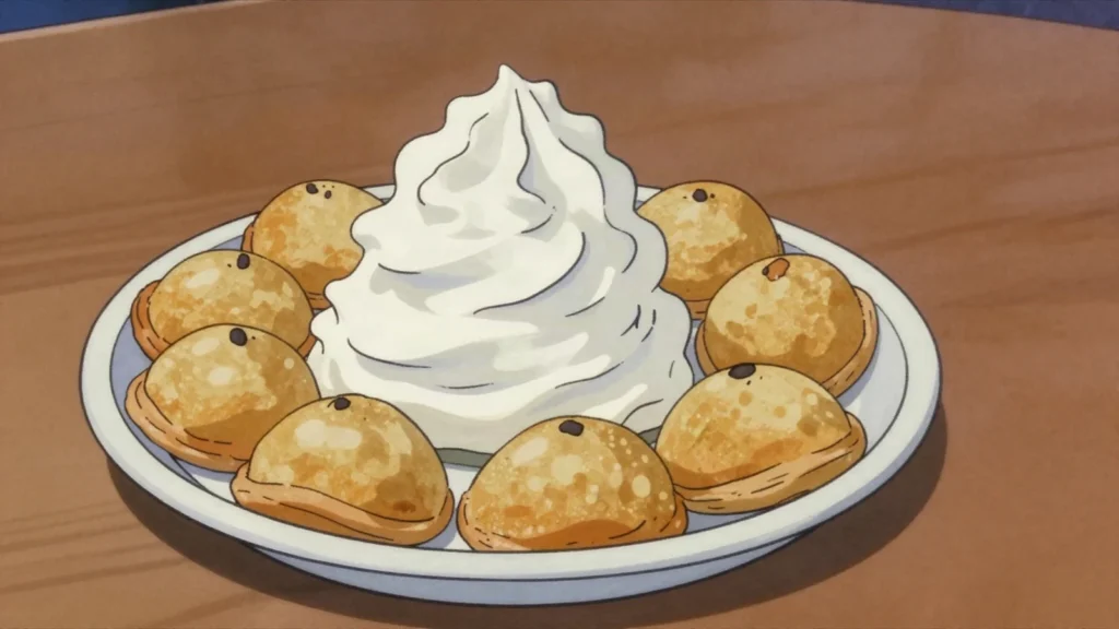 Karabij Halab, nut-stuffed semolina domes served under a cloud of white soapwort cream, Syria dessert, anime style