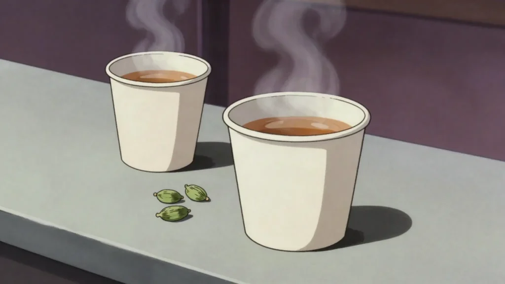 Karak chai, sweet cardamom milk tea sold in small paper cups day and night, Kuwait drink, anime style