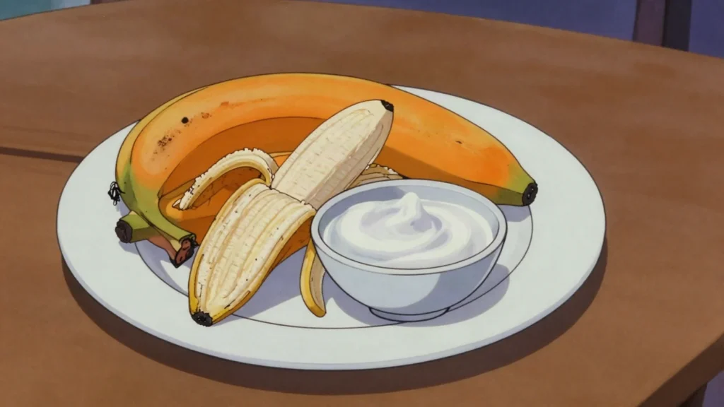 Karat Banana, orange-fleshed Pohnpei banana rich in carotene, traditional weaning food, Micronesia snack, anime style