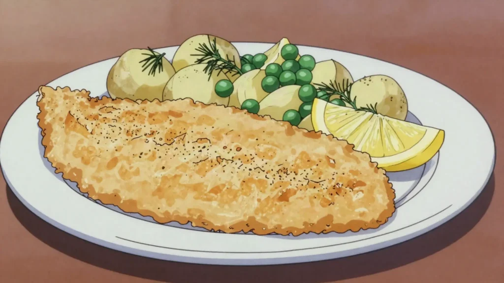 Karbonāde, pork loin beaten thin, breaded and fried, served with potatoes, Latvia main, anime style