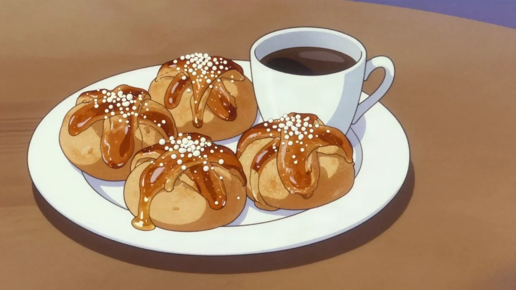 Kardemummabulle, knotted cardamom bun with pearl sugar, eaten at fika, Sweden bread & pastry, anime style