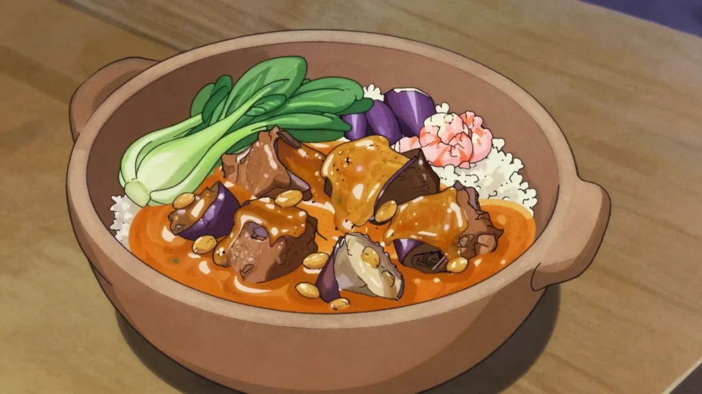 Kare-Kare, oxtail and vegetables in peanut sauce with shrimp-paste bagoong, Philippines main, anime style