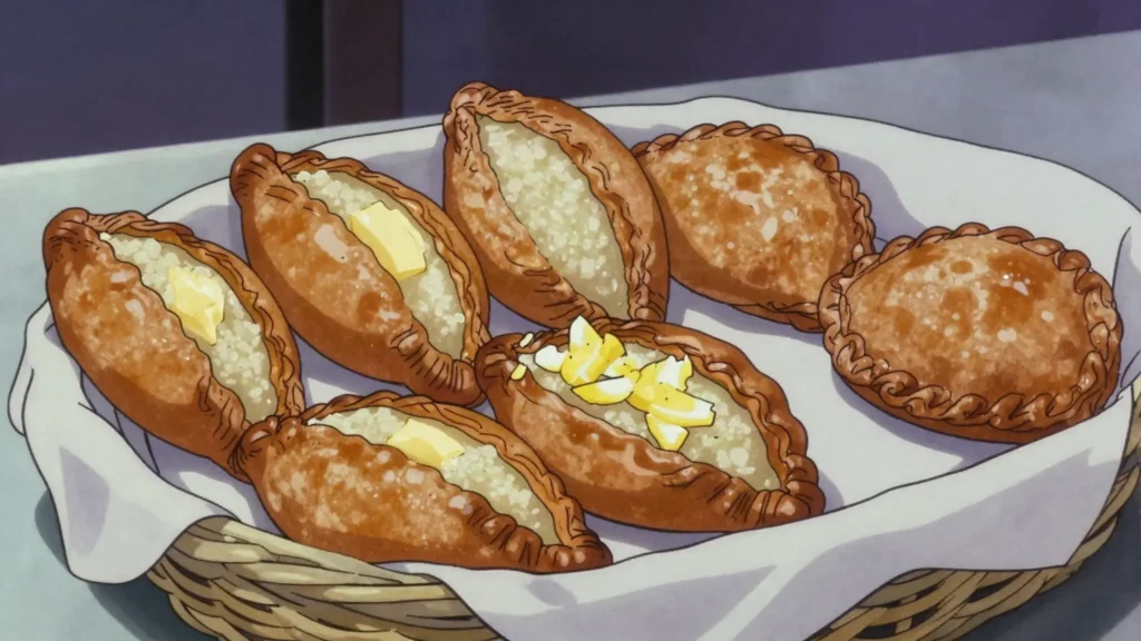 Karelian pasty, thin rye crust holding rice porridge, topped with egg butter, Finland bread & pastry, anime style