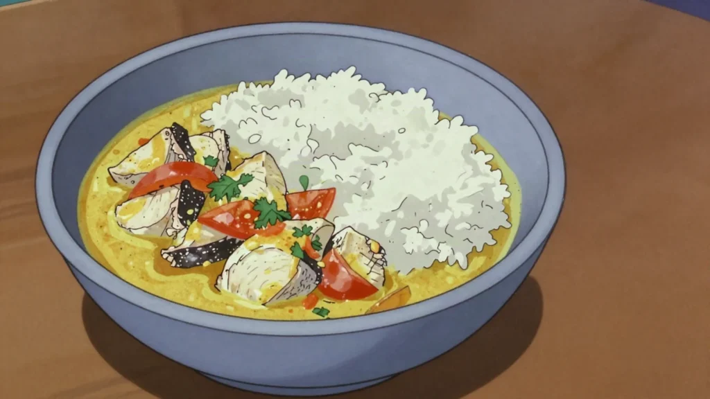 Kari pwason, fish curry with coconut and masala, daily staple with rice, Seychelles main, anime style